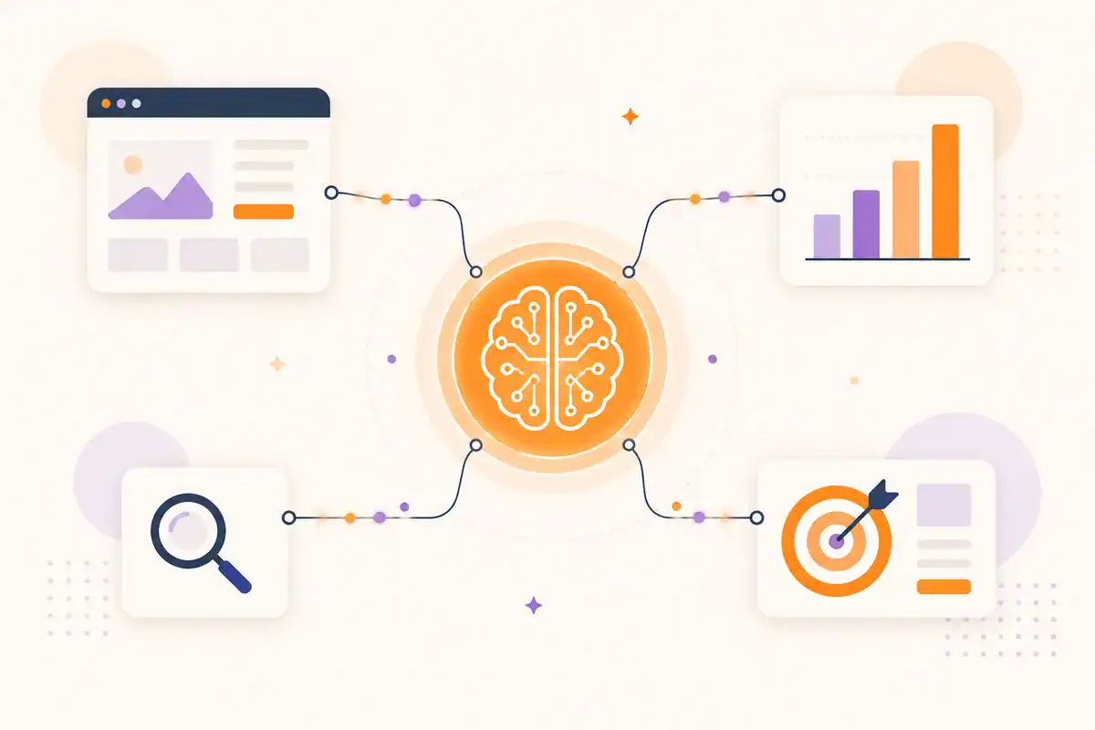 AI Optimalizált munkamódszer – az AI a weboldal, a hirdetés, a SEO és az analitika adatait egy rendszerré köti össze.