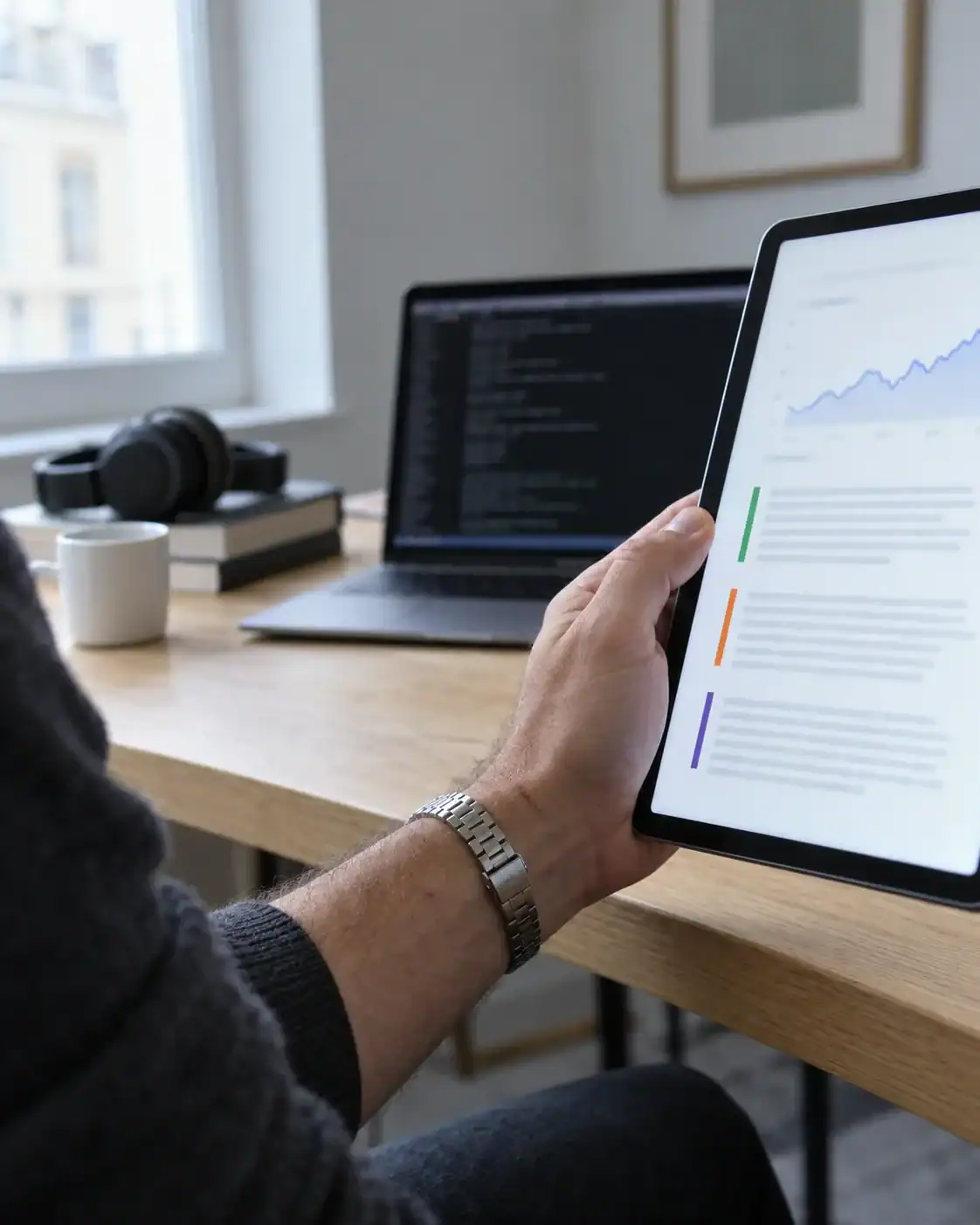 Kéz tabletet tart, rajta grafikon és színes jelölésű elemzés-bekezdések, mögötte laptopon terminál
