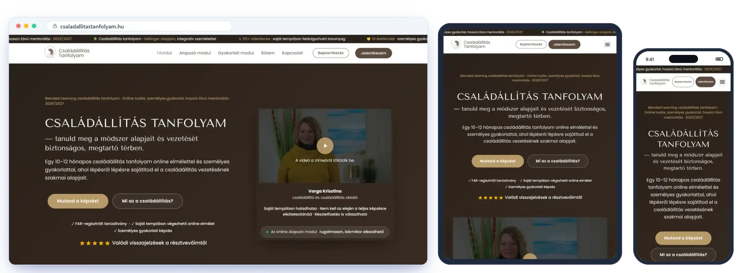 A csaladallitastanfolyam.hu weboldal asztali, tablet és mobil nézetben