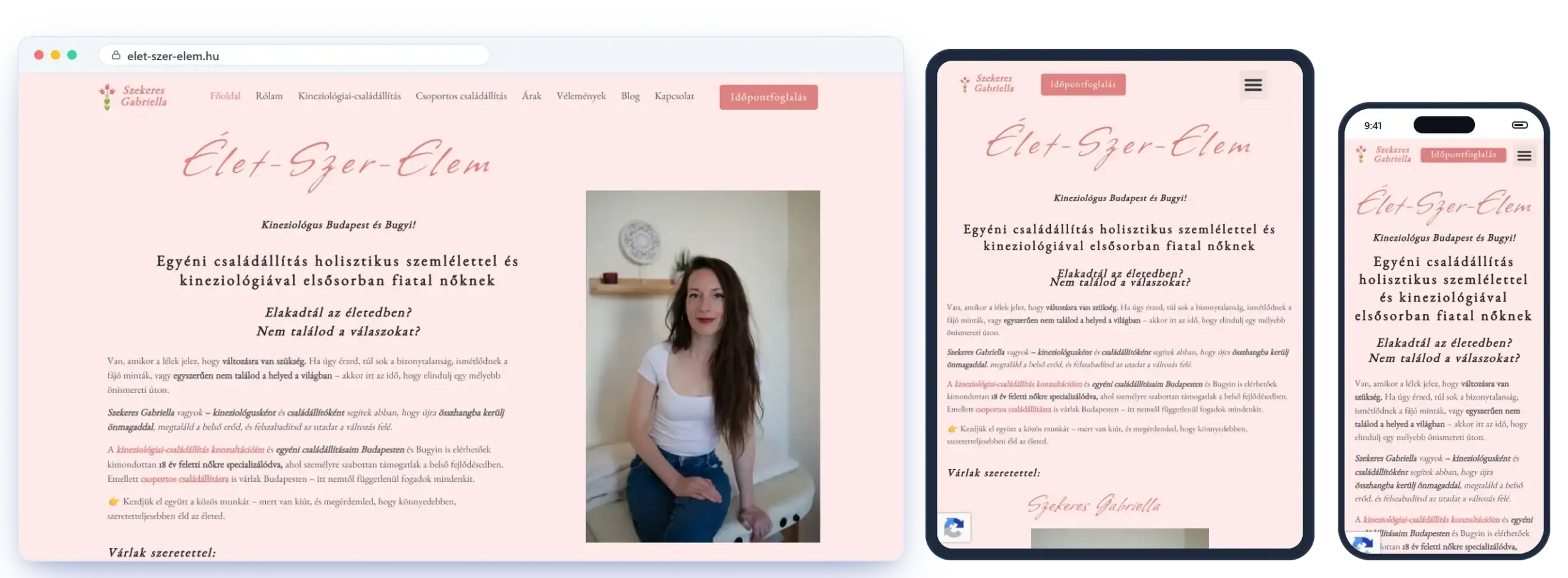Az elet-szer-elem.hu weboldal asztali, tablet és mobil nézetben
