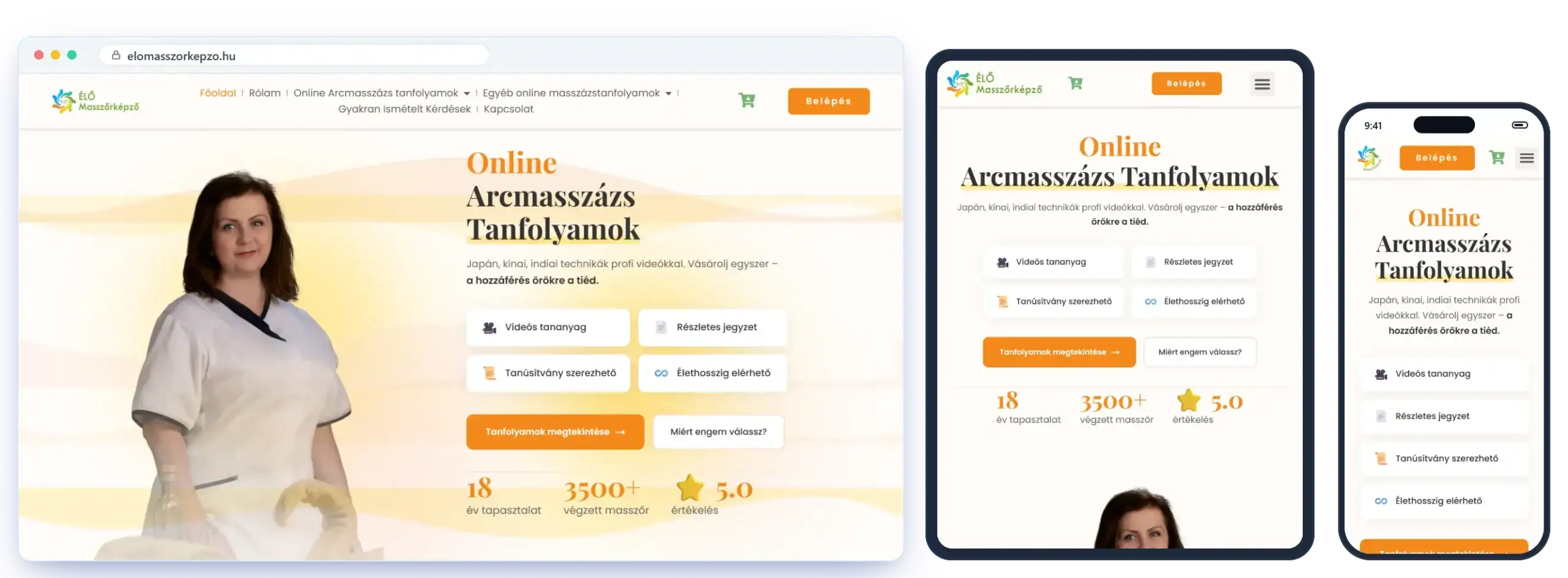 Az elomasszorkepzo.hu weboldal asztali, tablet és mobil nézetben