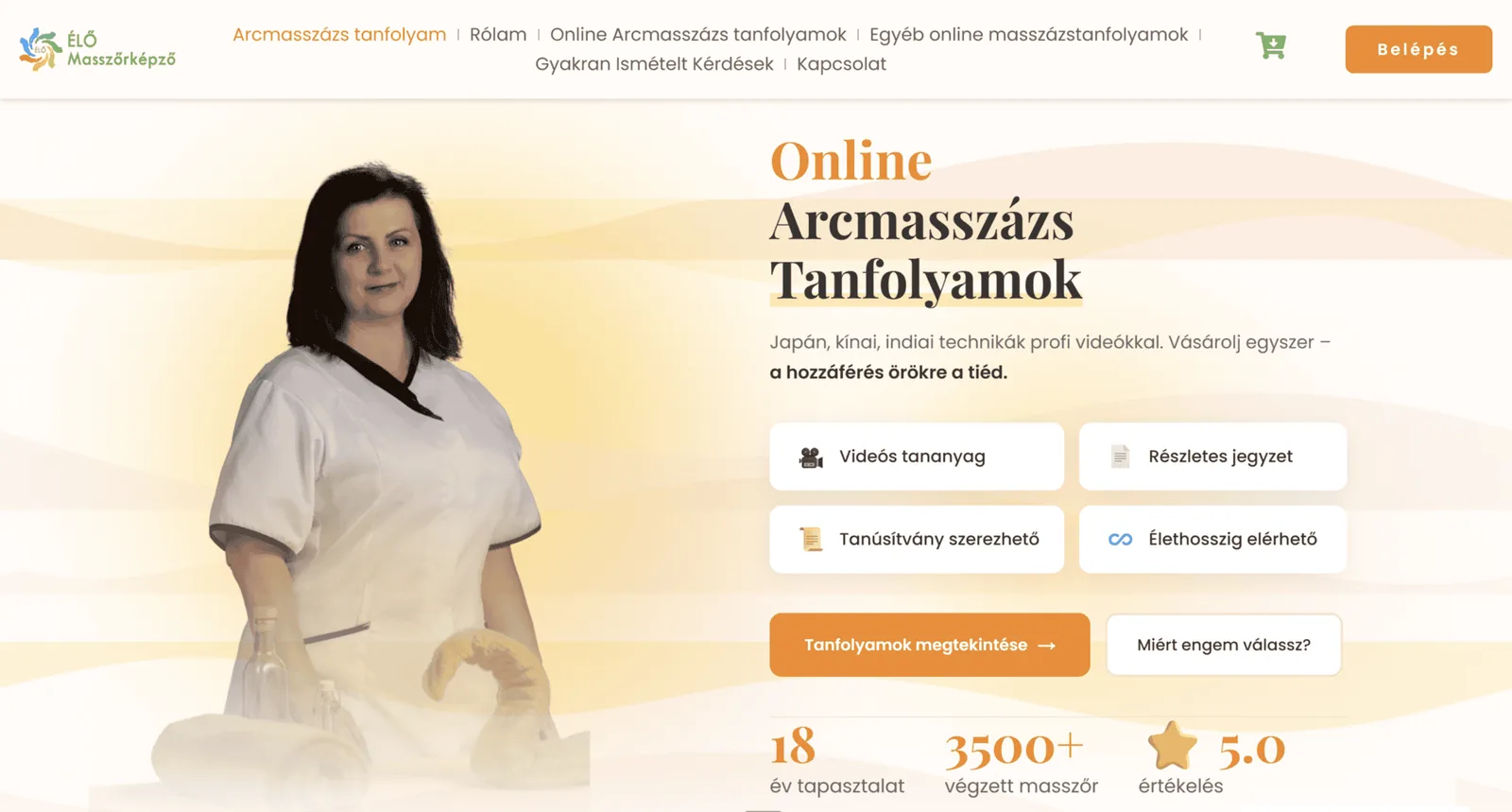 elomasszorkepzo.hu weboldal főoldala