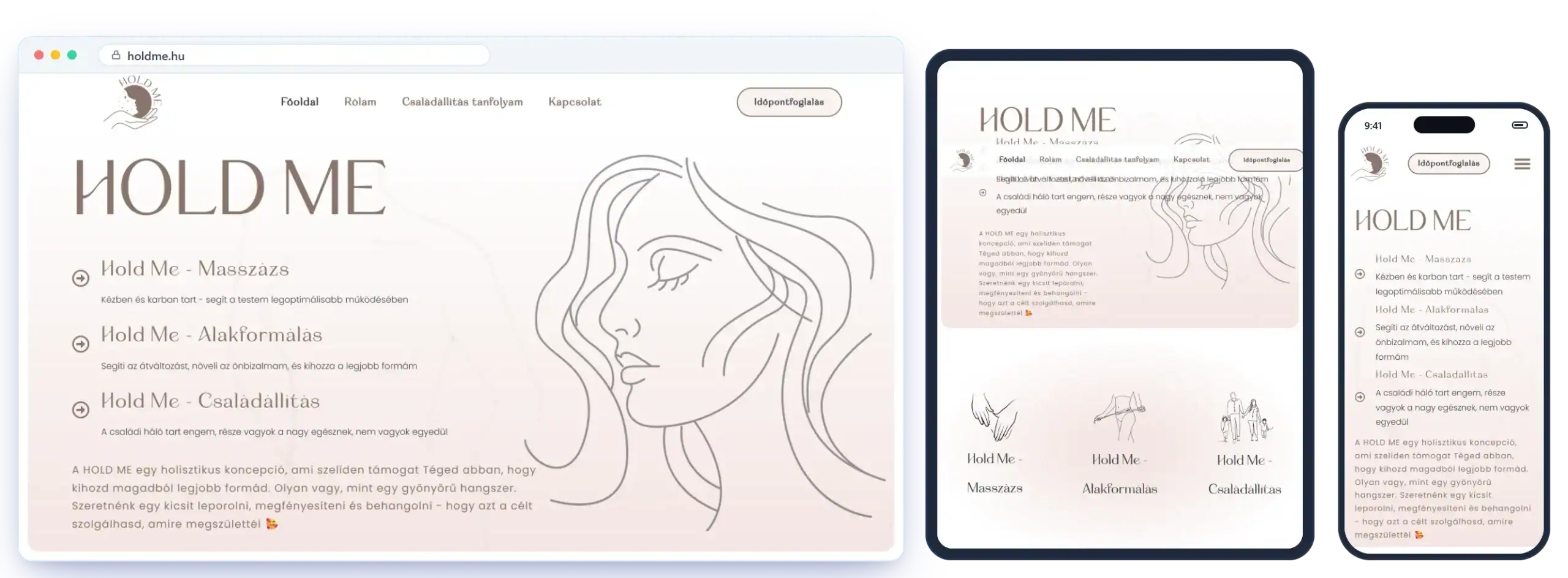 A holdme.hu weboldal asztali, tablet és mobil nézetben
