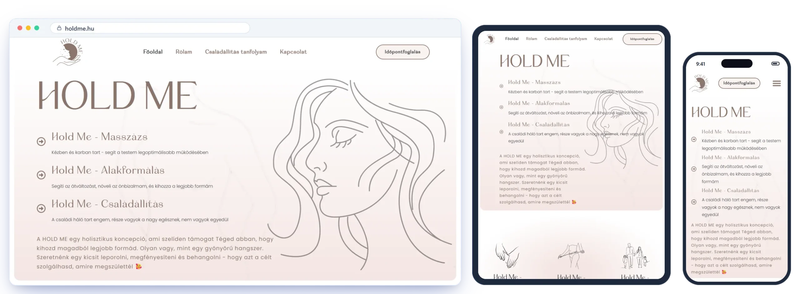 A holdme.hu weboldal asztali, tablet és mobil nézetben
