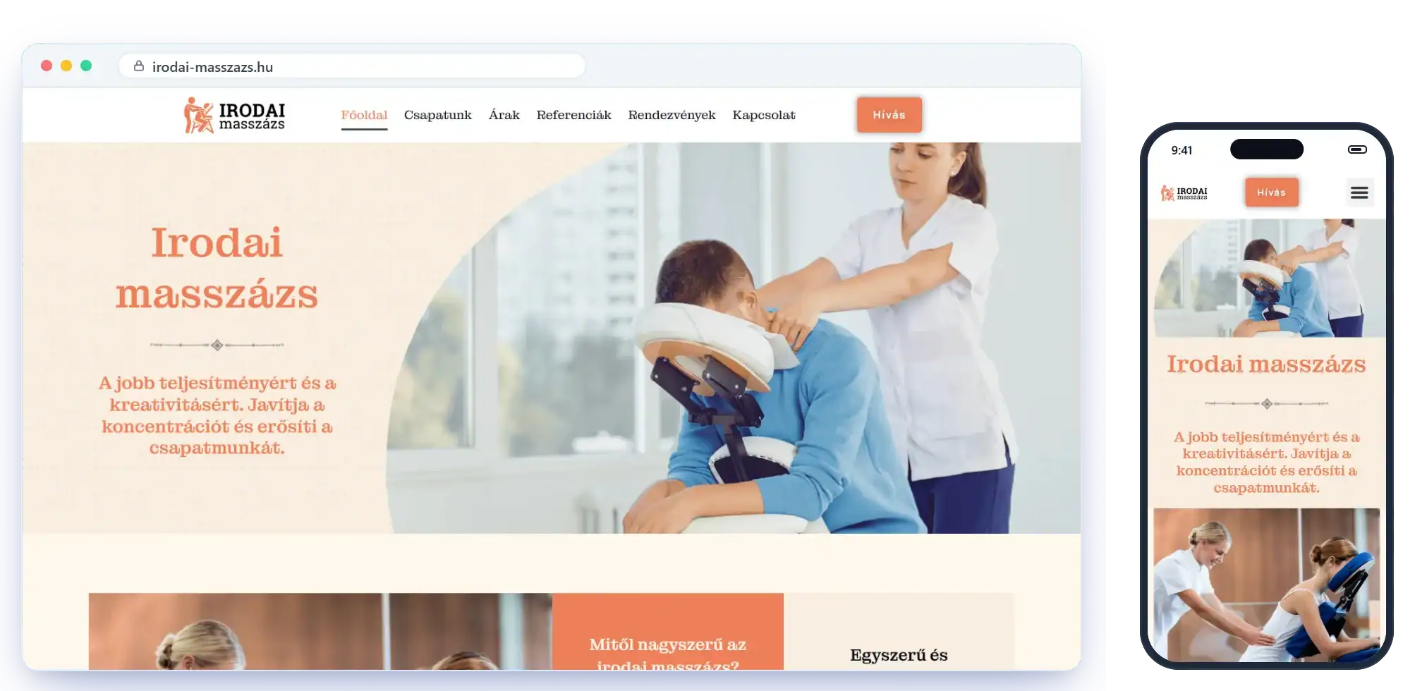 Az irodai-masszazs.hu weboldal asztali és mobil nézetben