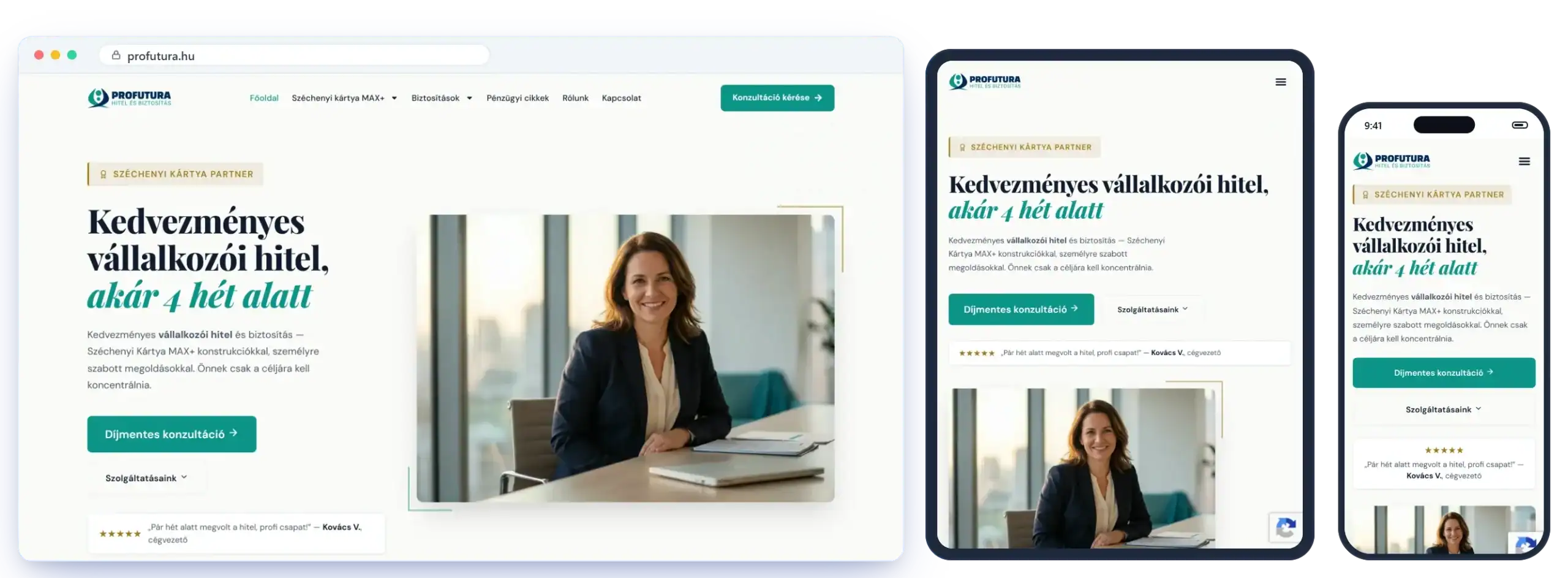 A profutura.hu weboldal asztali, tablet és mobil nézetben