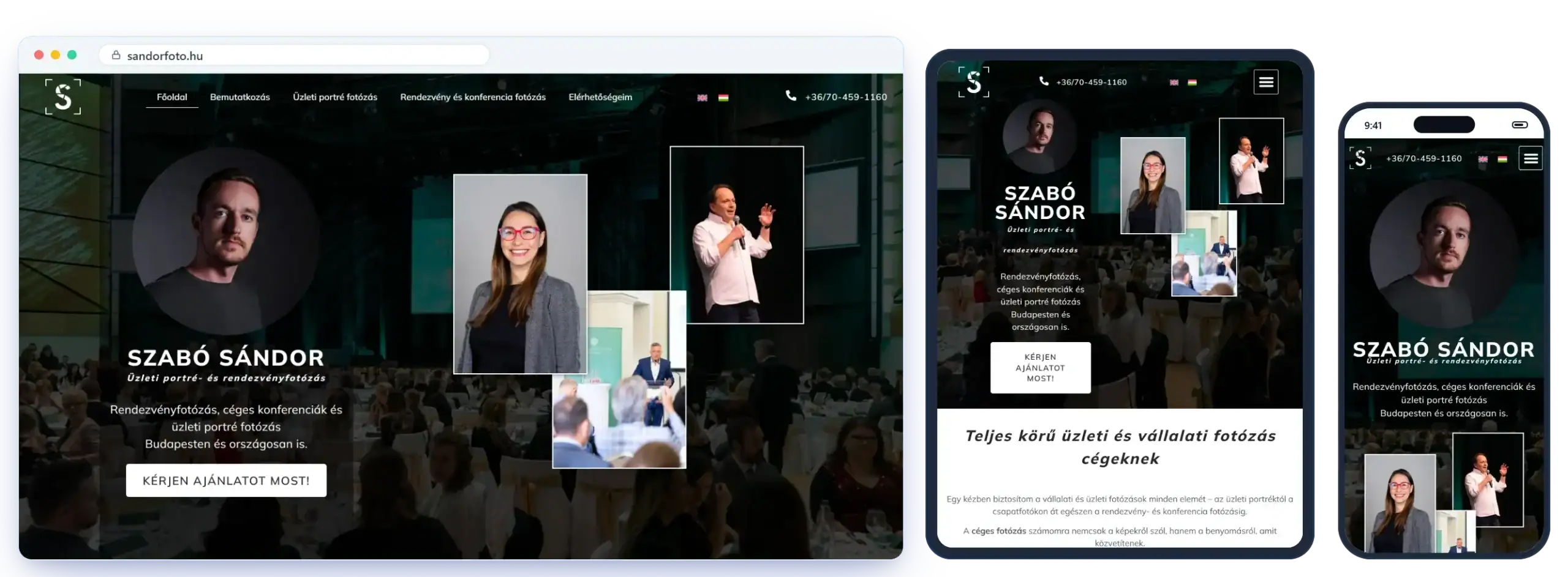 A sandorfoto.hu weboldal asztali, tablet és mobil nézetben
