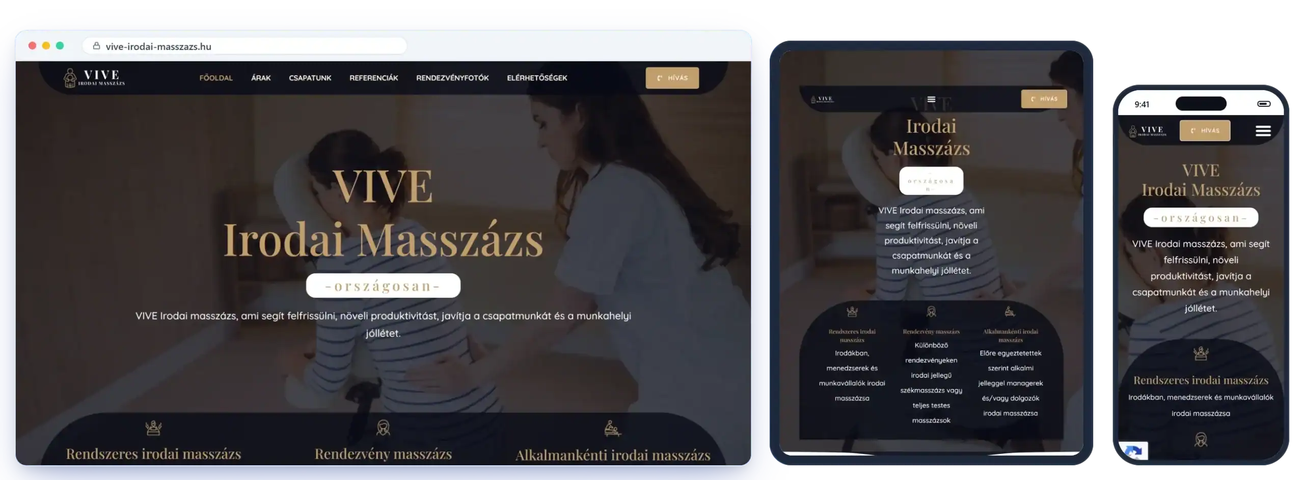 A vive-irodai-masszazs.hu weboldal asztali, tablet és mobil nézetben