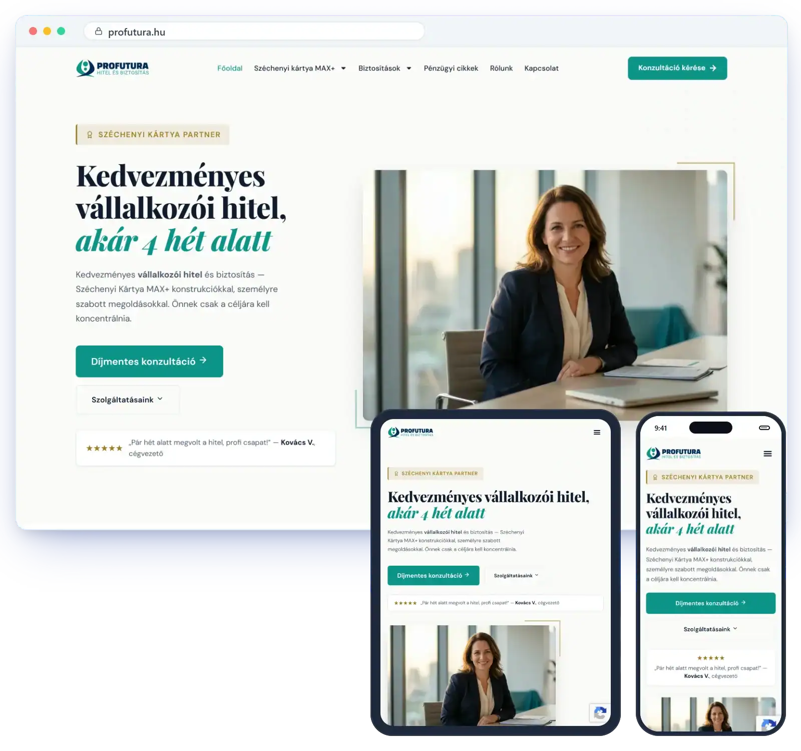 A profutura.hu weboldal, amit én készítettem, asztali gépen, tableten és telefonon