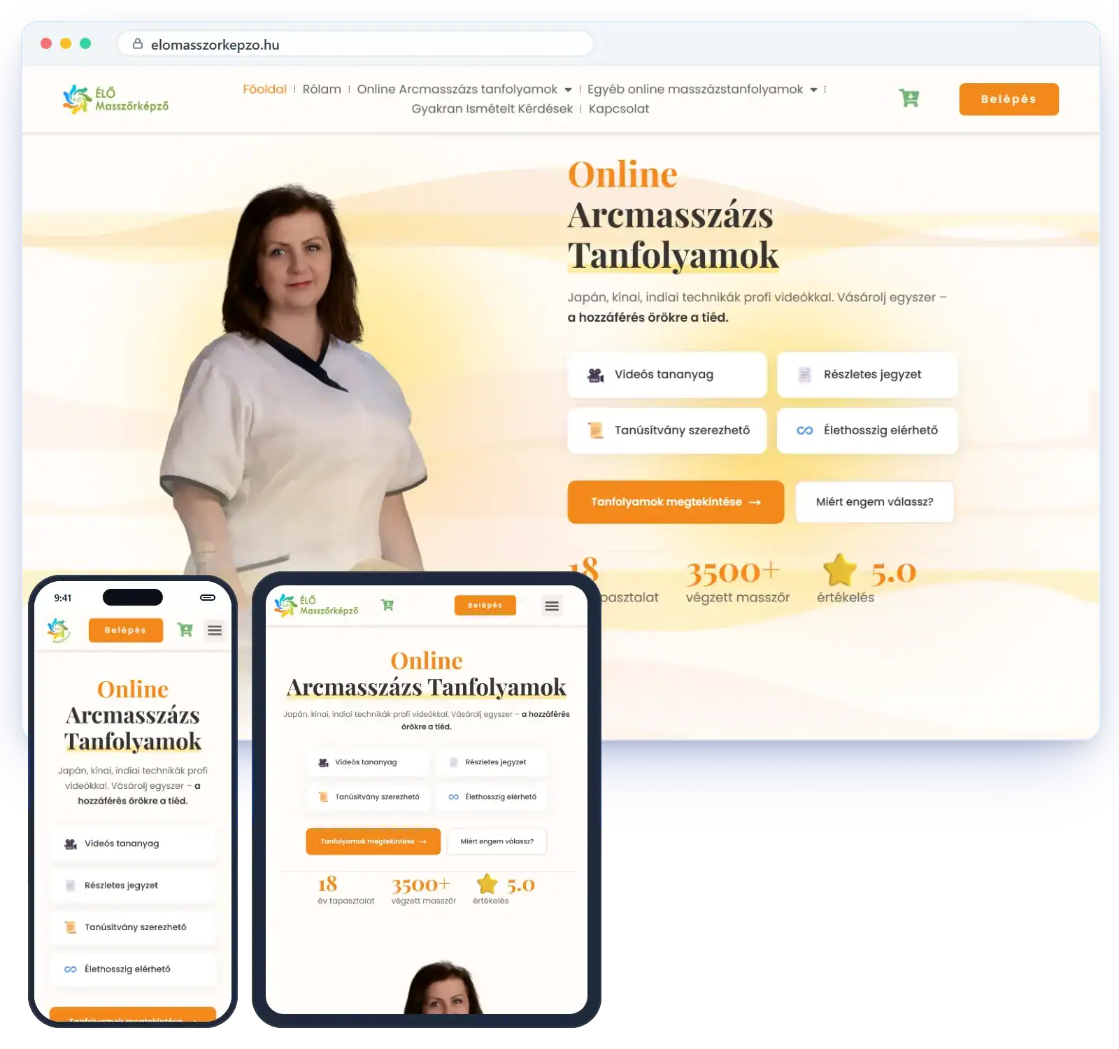Az elomasszorkepzo.hu weboldal, amit én készítettem, asztali gépen, tableten és telefonon