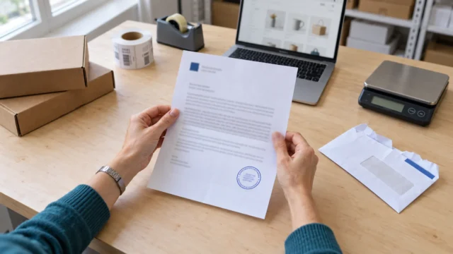 Egy webshop csomagolóasztalánál két kéz egy felbontott, bélyegzős hivatalos levelet tart, mellette csomagolódobozok és egy laptop a webshop oldalával
